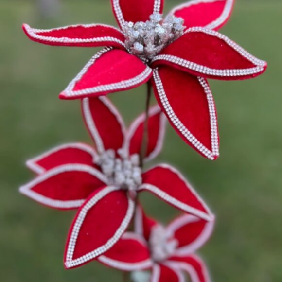 24 inch Triple Velvet with Jewel Poinsettia Stem Beautiful Christmas Home Decor - Picture 6 of 9